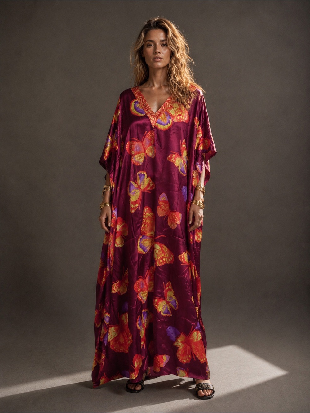 Winlar Butterfly Satin Caftan Maxi Dress One Size NWT